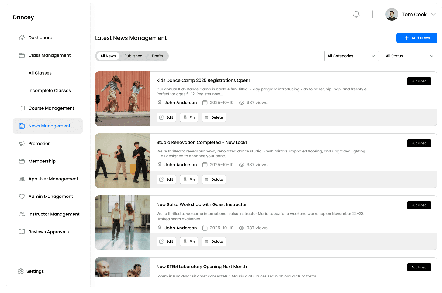 Manage Events — Easily showcase the latest events happening at your studio in one place