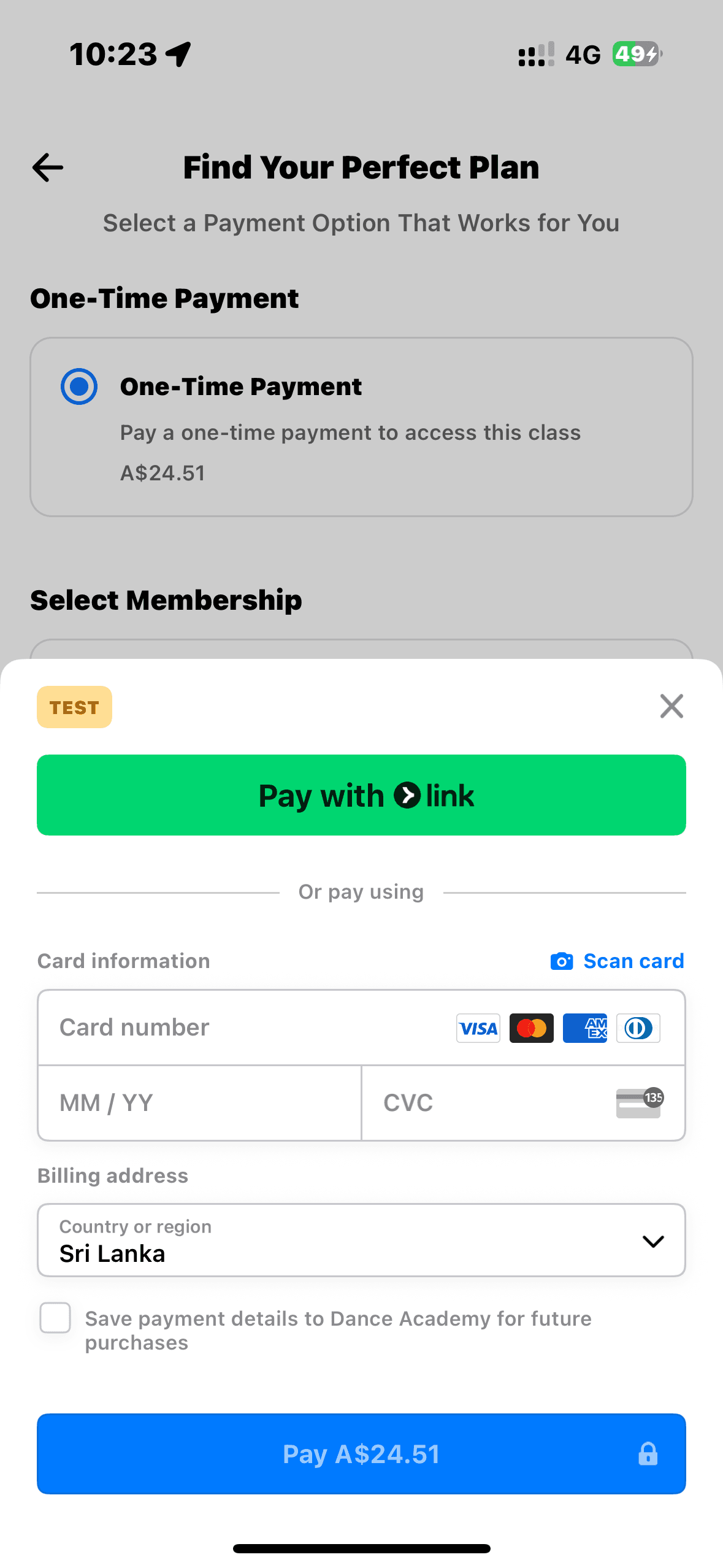 Payment processing screen