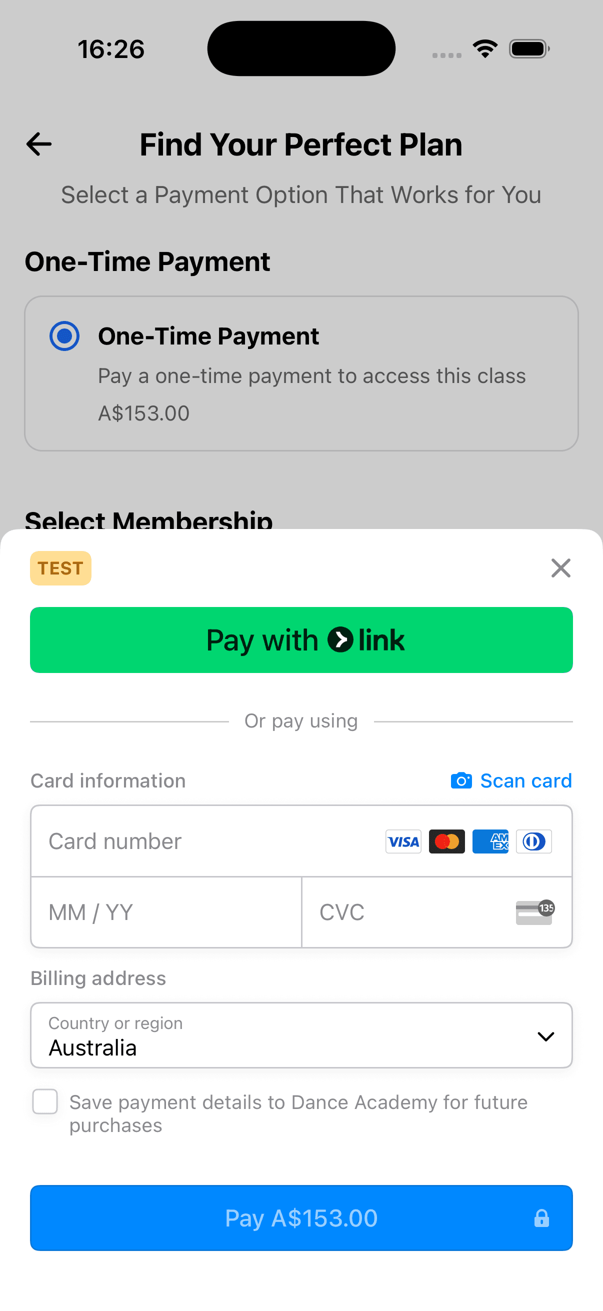 Payment processing screen